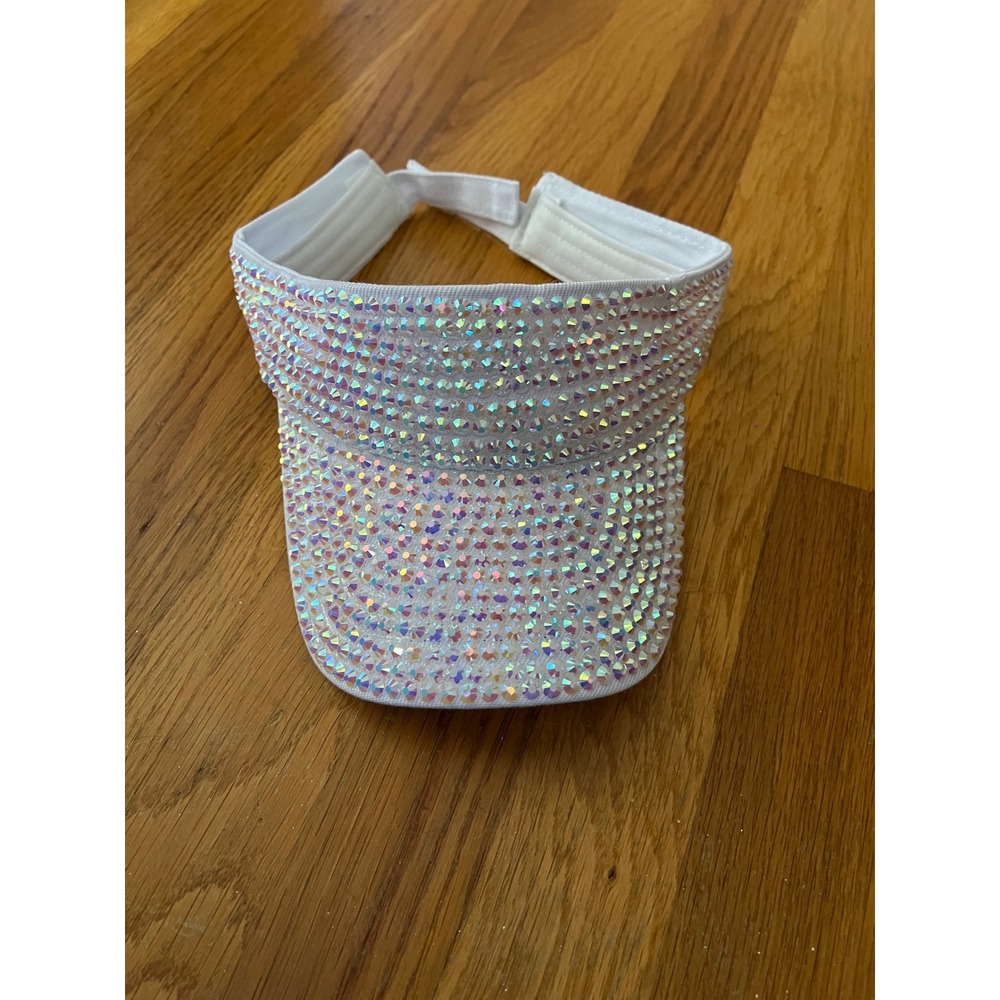 White Iridescent AB Rhinestone Bling Sun Visor Adjustable Sparkle Hat